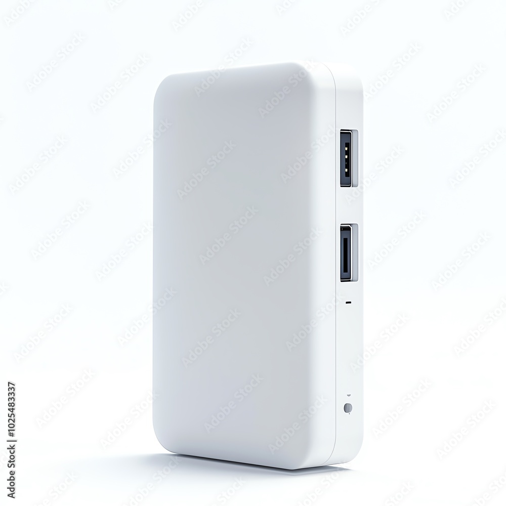 Portable white power bank with USB ports, isolated on a white background. Portable white power bank with USB ports, isolated on a white background.