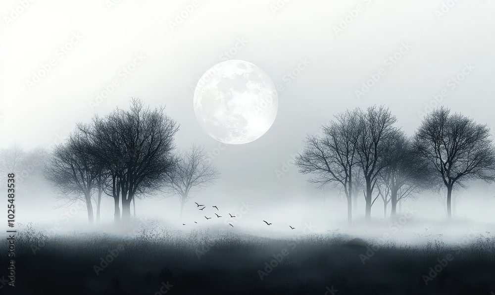 Silhouetted Trees and a Full Moon in a Foggy Landscape Silhouetted Trees and a Full Moon in a Foggy Landscape