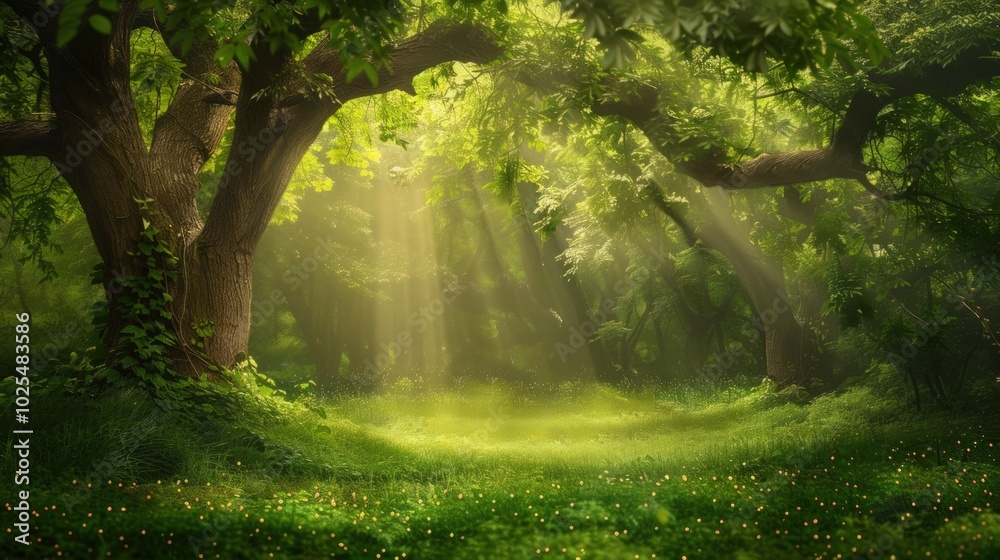 Obraz premium Sunbeams through a Lush Forest Clearing