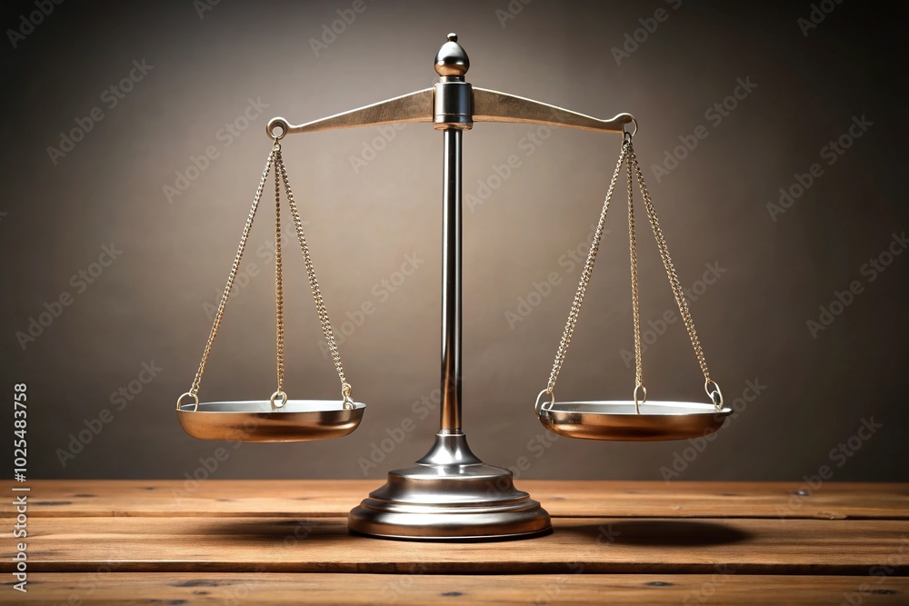 Minimalist metallic balance scales on wood base symbolizing justice and equality law Minimalist metallic balance scales on wood base symbolizing justice and equality law