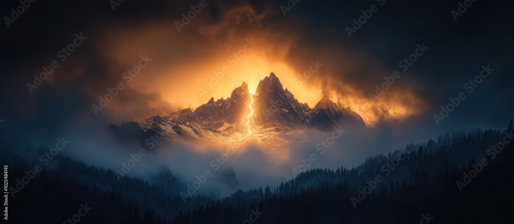 A majestic mountain peak emerges from a blanket of fog, bathed in golden light, creating a dramatic and awe-inspiring scene. A majestic mountain peak emerges from a blanket of fog, bathed in golden light, creating a dramatic and awe-inspiring scene.