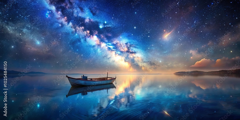 A solitary boat rests upon the tranquil waters, reflecting the mesmerizing celestial tapestry of the Milky Way and a radiant shooting star, amidst the vastness of the night sky. A solitary boat rests upon the tranquil waters, reflecting the mesmerizing celestial tapestry of the Milky Way and a radiant shooting star, amidst the vastness of the night sky.