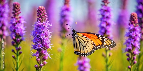 Minimalist Monarch Butterfly pollinating purple prairie blazing star flowers in garden photo