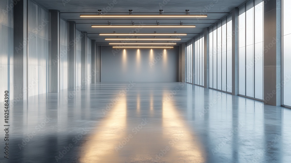 Empty Hallway with Reflective Floor and Window Views Empty Hallway with Reflective Floor and Window Views