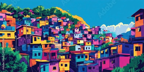 Elevated view of a vibrant favela community showcasing unique architecture and colorful surroundings