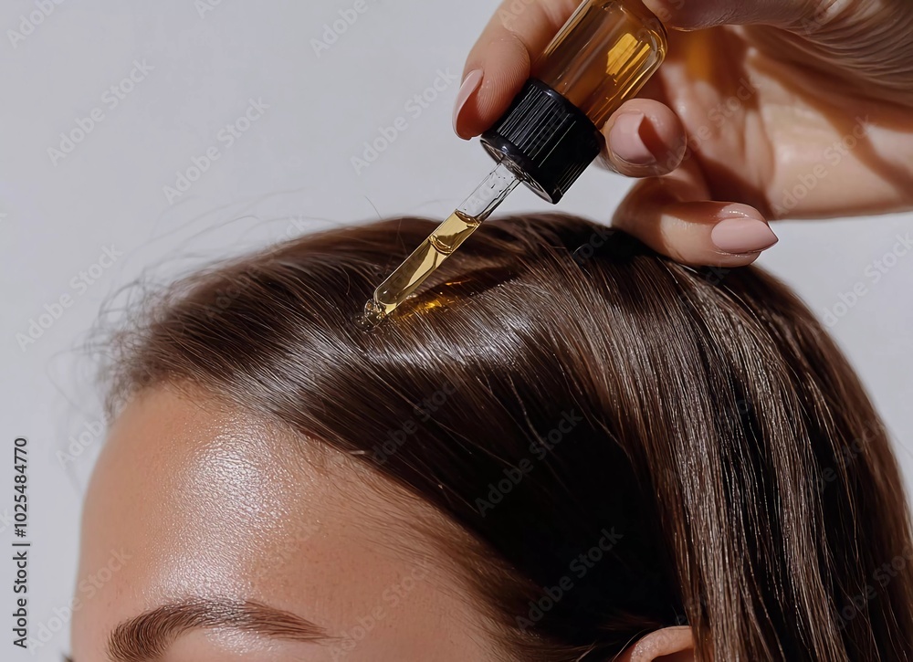 A woman applying hair growth serum on her head, against a white background. Close-up shot of hands with long nails holding a dropper bottle
