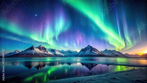 Minimalist northern lights aurora night landscape with mountains in the background