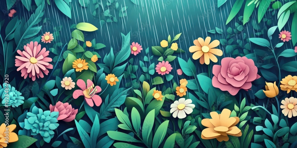 Vibrant and lush flowers in a garden are gently exposed to rain, Rain-soaked vibrant garden flowers Vibrant and lush flowers in a garden are gently exposed to rain, Rain-soaked vibrant garden flowers