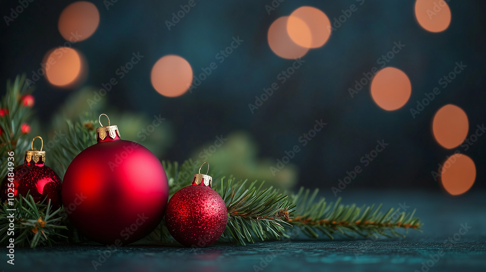 Red Christmas ornaments are elegantly placed on a pine branch, complemented by a soft, bokeh background that enhances the festive mood of the setting, copy space Red Christmas ornaments are elegantly placed on a pine branch, complemented by a soft, bokeh background that enhances the festive mood of the setting, copy space