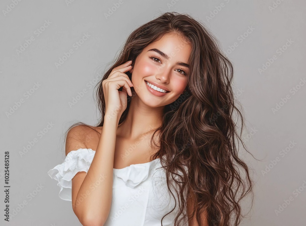 Beautiful woman with long brown hair in a white dress touching her curly hairstyle against a grey background Beautiful woman with long brown hair in a white dress touching her curly hairstyle against a grey background