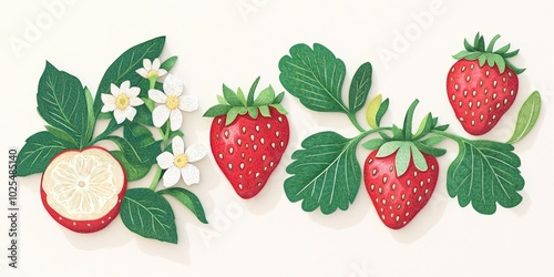 Collection of four ripe strawberries, featuring one sliced, accompanied by green leaves and blossoms, on a white background