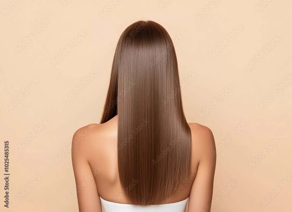 Beautiful woman with long, healthy, straight, shiny brown hair in a back view, isolated on a beige background