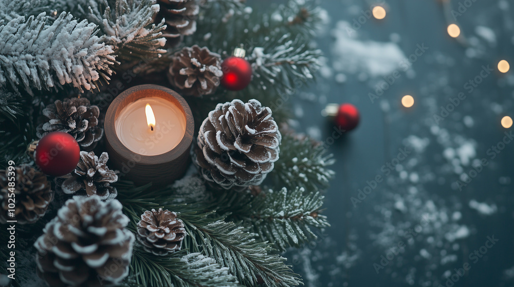 A warm candle flickers at the center of a festive display, surrounded by frosted pinecones and red ornaments, creating a tranquil holiday atmosphere, copy space A warm candle flickers at the center of a festive display, surrounded by frosted pinecones and red ornaments, creating a tranquil holiday atmosphere, copy space