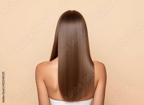 Obraz na płótnie Beautiful woman with long, healthy, straight, shiny brown hair in a back view, isolated on a beige background w salonie