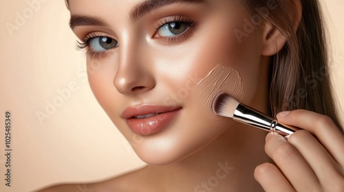 A young woman with flawless skin applies foundation with a brush.