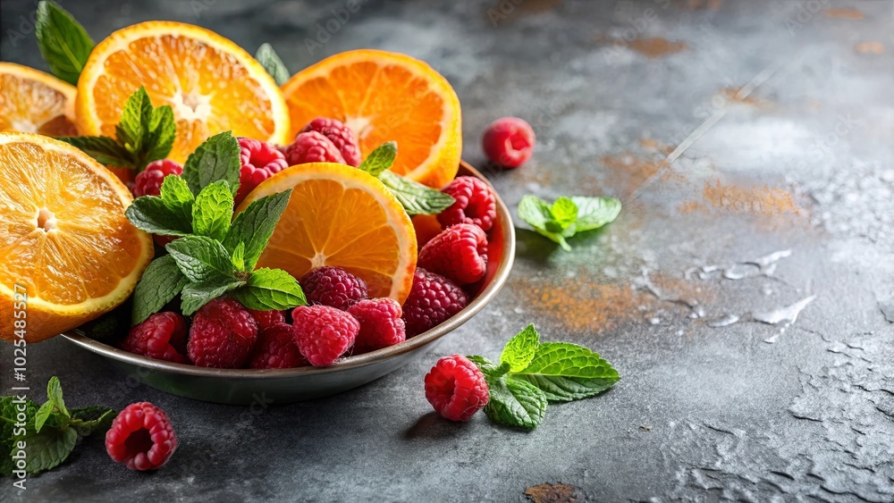 Citrus and Berries Freshness A Culinary Arrangement of Zesty Orange Slices and Delicate Raspberries Enhanced by Aromatic Mint Leaves in a Rustic Setting Citrus and Berries Freshness A Culinary Arrangement of Zesty Orange Slices and Delicate Raspberries Enhanced by Aromatic Mint Leaves in a Rustic Setting