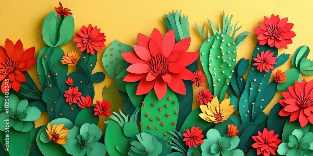 Green spiky cactus adorned with vibrant red blossoms, Green spiky cactus with bright red flowers