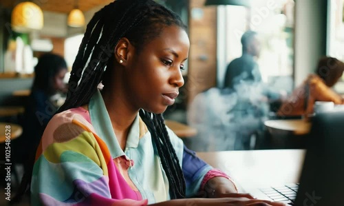 Barbadian Woman Typing on Laptop in Quiet Coffee Shop