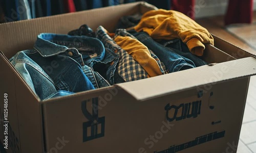 A Cardboard Box Filled with Denim and Other Clothes