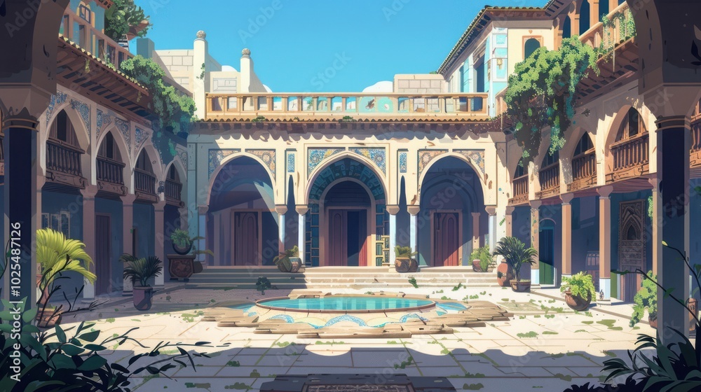 Obraz premium Sunlit Courtyard with a Pool and Arched Entranceways in an Ornate Building