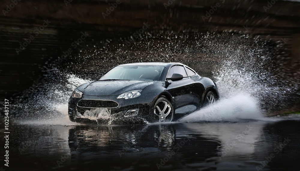 High-Performance Black Sports Car Splashing Water High-Performance Black Sports Car Splashing Water