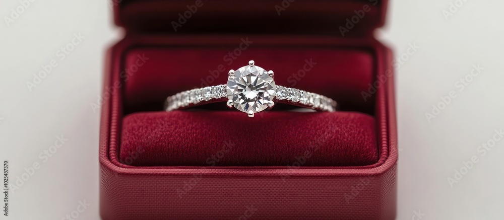 A single diamond engagement ring in a red velvet box. A single diamond engagement ring in a red velvet box.