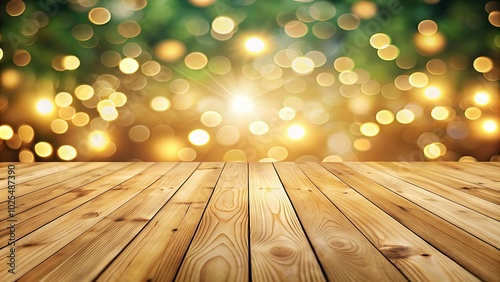 Minimalist pinewood wooden floor background with bokeh lighting effect
