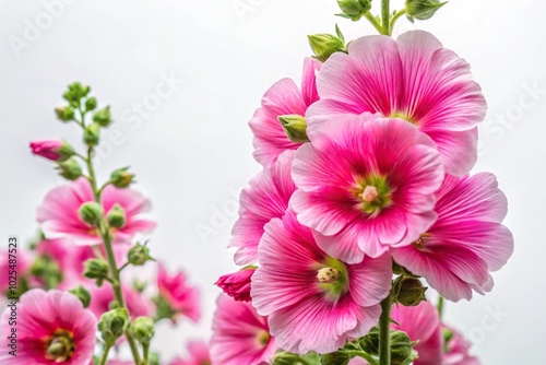 Fototapeta Naklejka Na Ścianę i Meble -  Minimalist pink hollyhock flowers blooming against white background