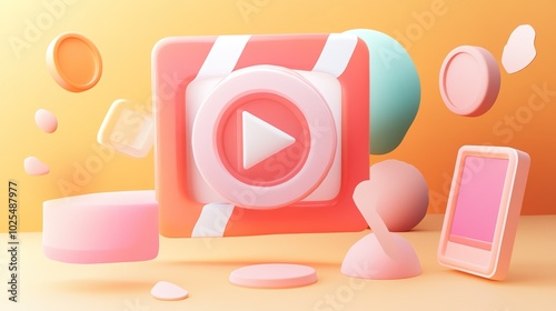 Glossy 3D video icon with a sleek play button design. Vibrant and modern visual style, perfect for digital interfaces, multimedia presentations, and app development. High-quality, minimalistic,