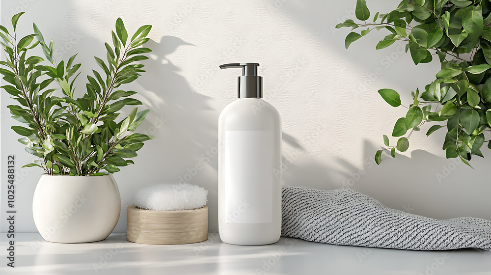 A white bottle of lotion with a silver pump sits on a white counter next to a plant and a towel. A white bottle of lotion with a silver pump sits on a white counter next to a plant and a towel.