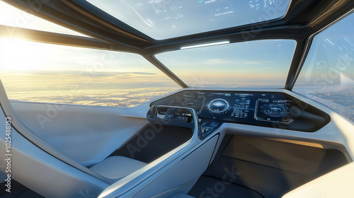 Futuristic aircraft cockpit with panoramic view during sunset above the clouds