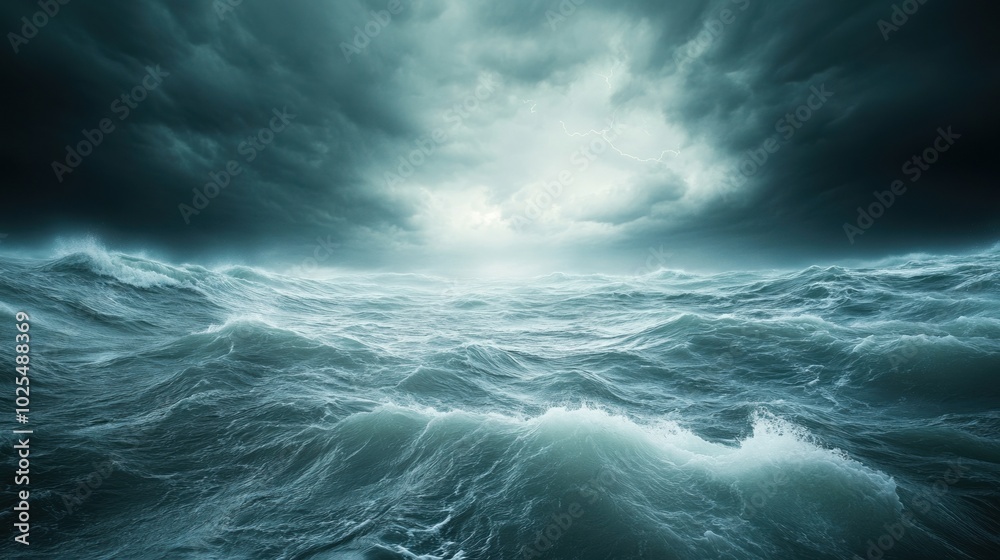 Dramatic ocean scene with turbulent water and dark, moody skies. Dramatic ocean scene with turbulent water and dark, moody skies.