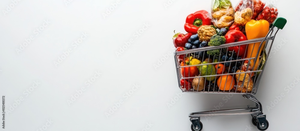 custom made wallpaper toronto digitalA small shopping cart overflowing with fresh produce, including bell peppers, grapes, broccoli, and carrots, sits on a white background.