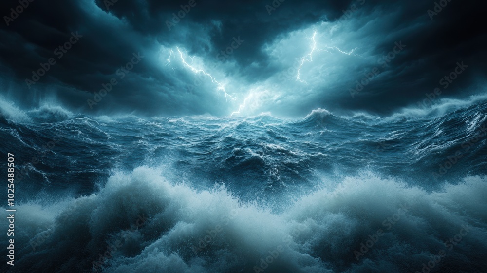 Obraz premium Dramatic ocean waves under a stormy sky with dark clouds and lightning.