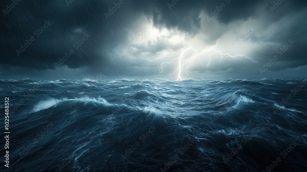 Fototapeta premium Dramatic ocean waves under a stormy sky with lightning in the background.