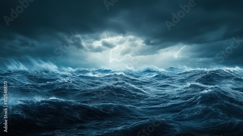 Dramatic ocean waves under a stormy sky with dark clouds.