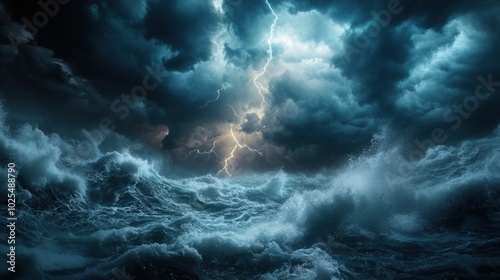 Dramatic stormy sea with dark clouds and lightning illuminating turbulent waves.