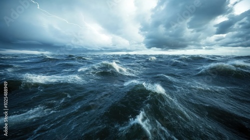 Dynamic ocean waves under a dramatic cloudy sky, showcasing nature's power.