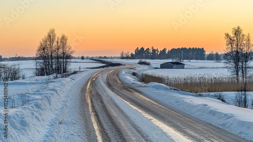 Snow-covered winter asphalt road surrounded by a serene white landscape. The icy pavement winds through the snowy scenery, capturing the quiet beauty and challenges of winter travel. Ideal for seasona