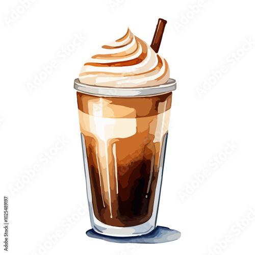 Watercolor illustration of a glass caramel latte macchiato  with whipped cream isolated on white background. Vector illustration drawing by hand for menu, banner, web, background, card and over