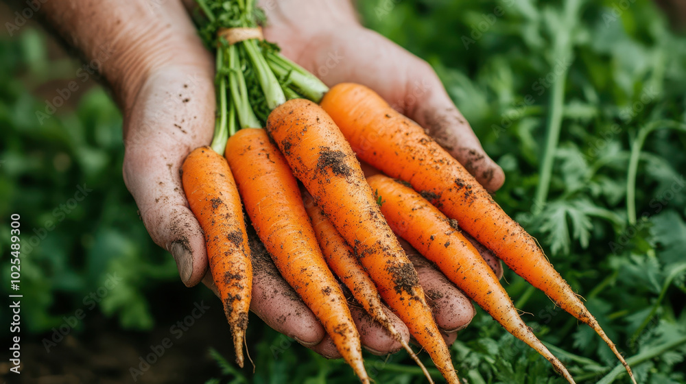 Freshly harvested carrots held tightly in farmers hand, showcasing their vibrant orange color and earthy texture. scene captures essence of farm life and joy of gardening Freshly harvested carrots held tightly in farmers hand, showcasing their vibrant orange color and earthy texture. scene captures essence of farm life and joy of gardening
