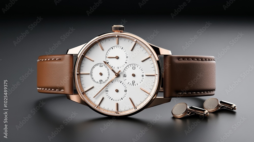 Elegant watch with brown leather strap and gold accents, isolated on a black background. Elegant watch with brown leather strap and gold accents, isolated on a black background.