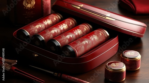 Elegant packaging of gourmet tea canisters in a luxurious red box.