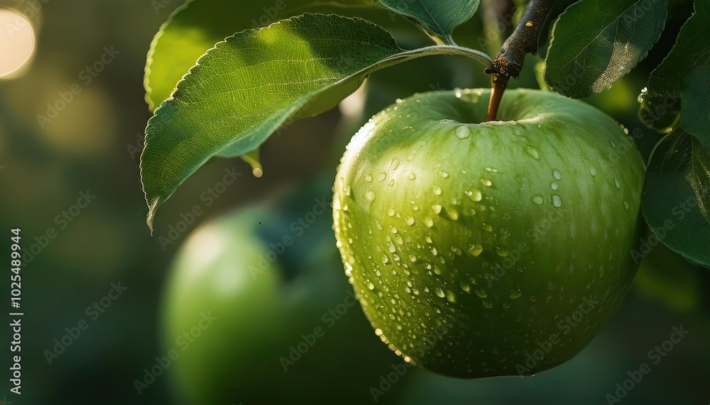 Fresh Green Apples Hanging on Tree Branch