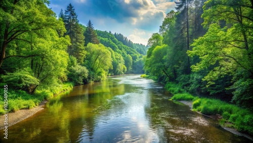 Minimalist river winding through forest during summer