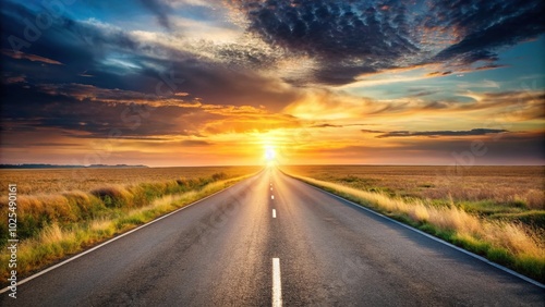 Minimalist road disappearing into sunset