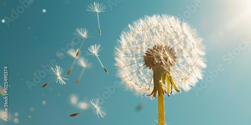 A Dandelion Seed Dispersing in the Breeze with a Blue Sky Background.