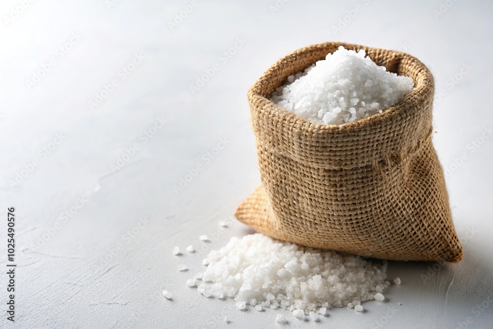 Minimalist sea salt in jute sack on white background Minimalist sea salt in jute sack on white background