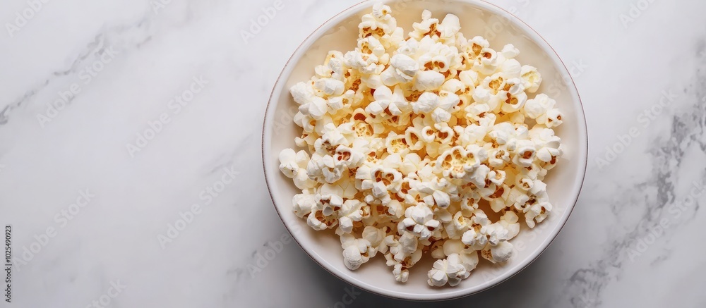 A white bowl filled with popcorn against a white marble background. A white bowl filled with popcorn against a white marble background.