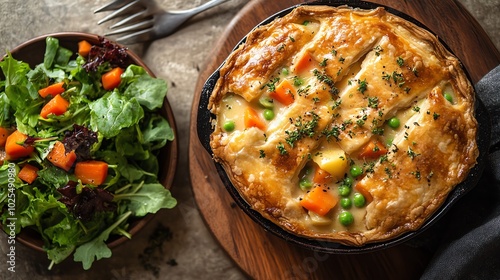 Freshly baked vegetable pie served with a vibrant green salad, perfect for a healthy meal or gathering. photo